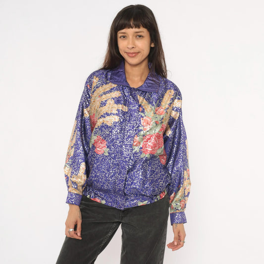 90s GDT Too Floral Metallic Bomber Jacket Purple Gold Reversible Satin Small Medium