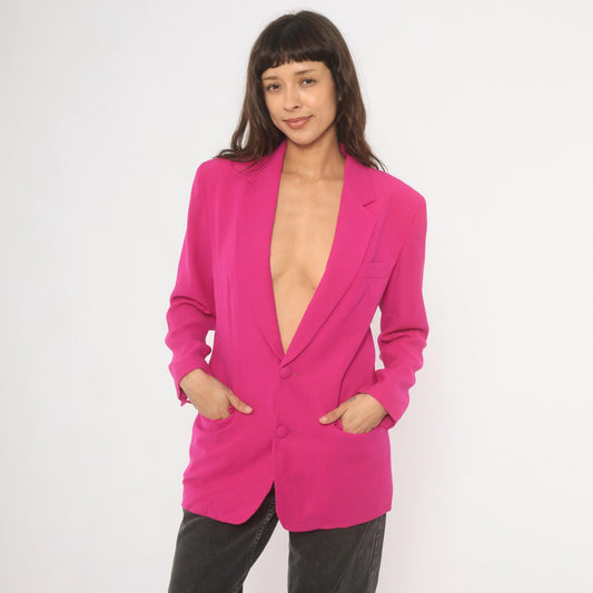 90s N. Valentino Hot Pink Wool Blazer Two-Button Structured Shoulders Medium M