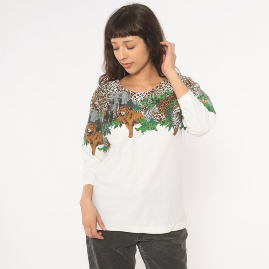 90s Enchante Sport Safari Animal Print Top Jungle Wildlife Cream Medium M