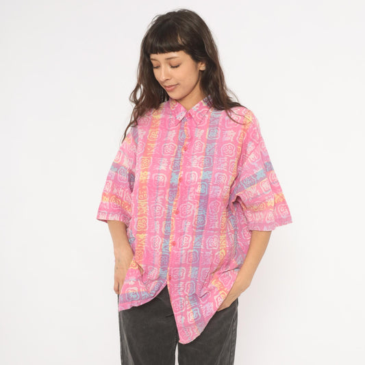 90s Body Objects Batik Print Button-Up Shirt Pink Multicolor Abstract Large L