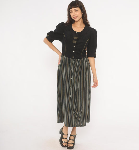 90s Folk Line Dirndl Dress Black Olive Striped Midi Puff Sleeve Extra Large