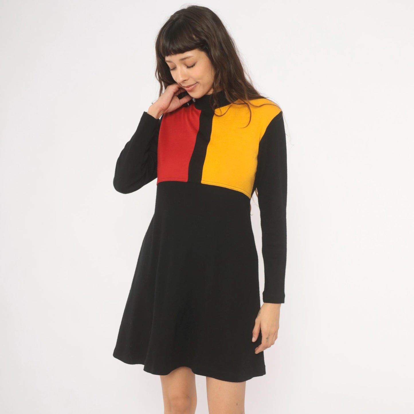 80s Karin Stevens Color Block Mini Dress Red Mustard Mock Neck Medium