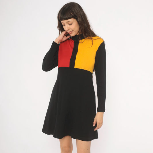 80s Karin Stevens Color Block Mini Dress Red Mustard Mock Neck Medium