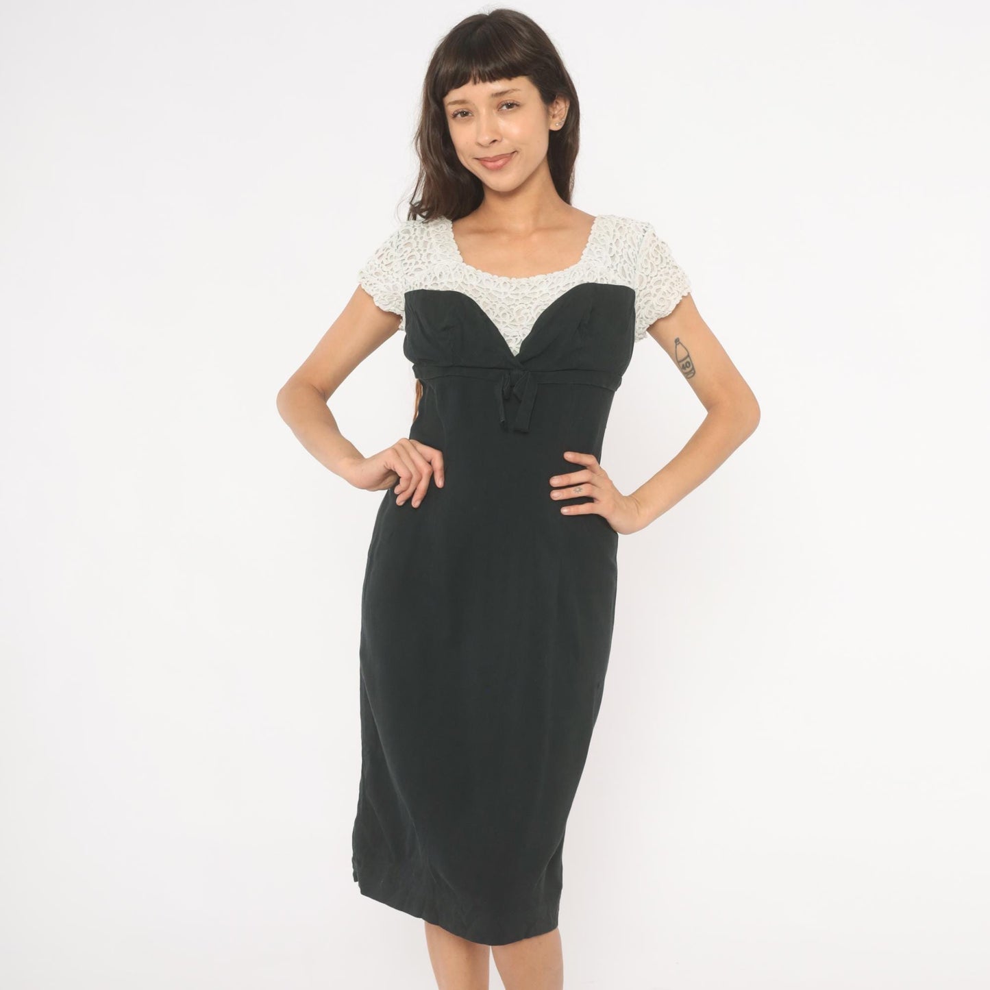 60s Black Crochet Lace Dress White Yoke Sweetheart Neckline Bow Empire Waist Medium M
