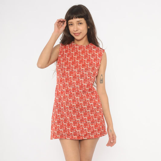 70s Deer Jacquard Mini Dress Red Cream Shift Knit Small S