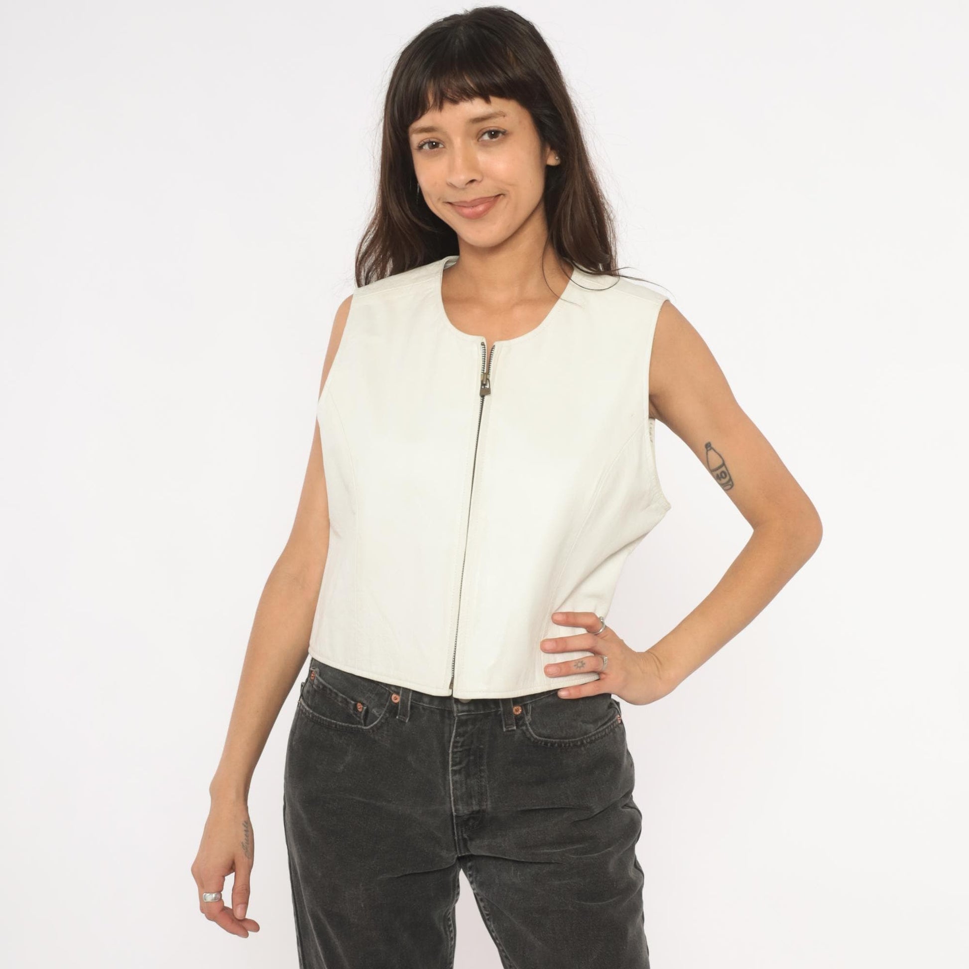 90s Sigrid Olsen White Leather Vest Zip Front Cropped Scoop Neck Medium M
