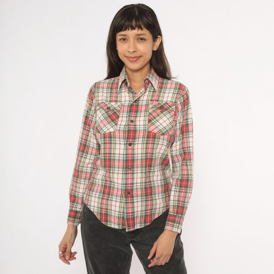 80s Medalist Plaid Flannel Shirt Red Green Tartan Button Front XS