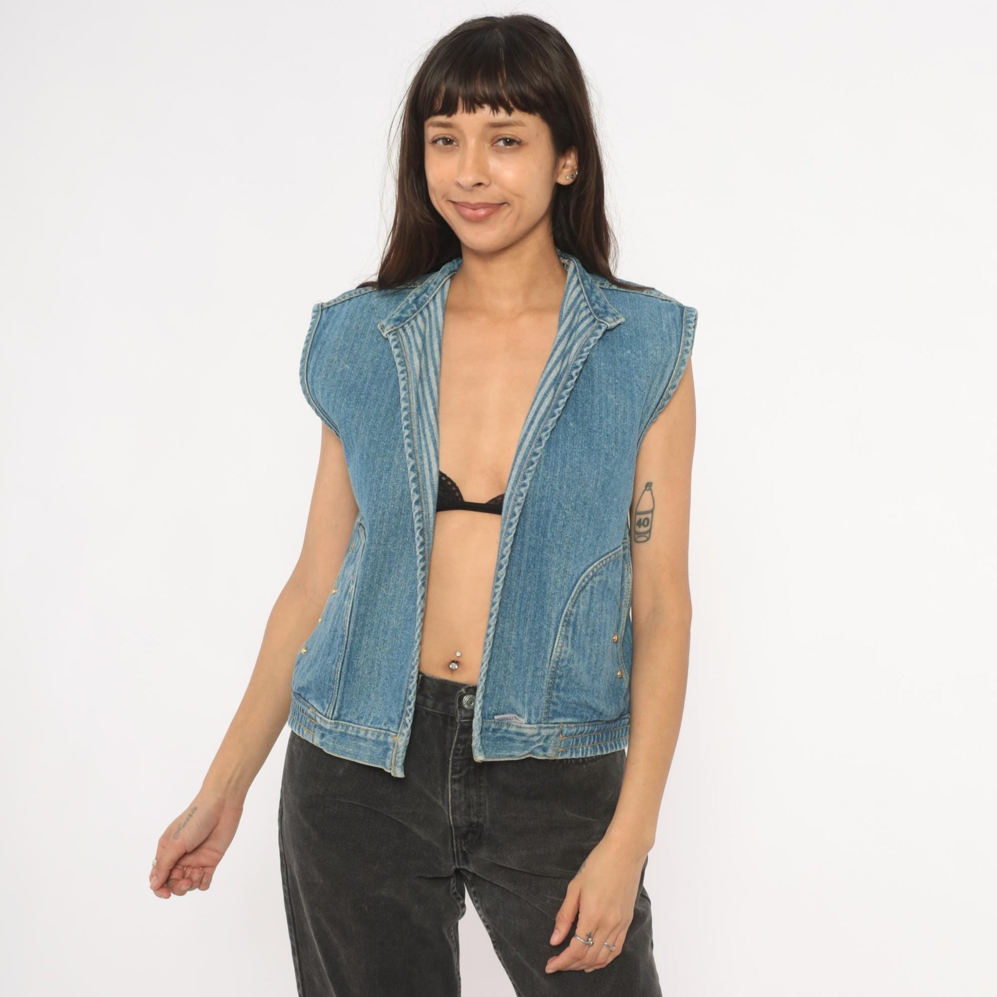 90s Jordache Reversible Denim Vest Pinstripe Blue White Mandarin Collar Small S