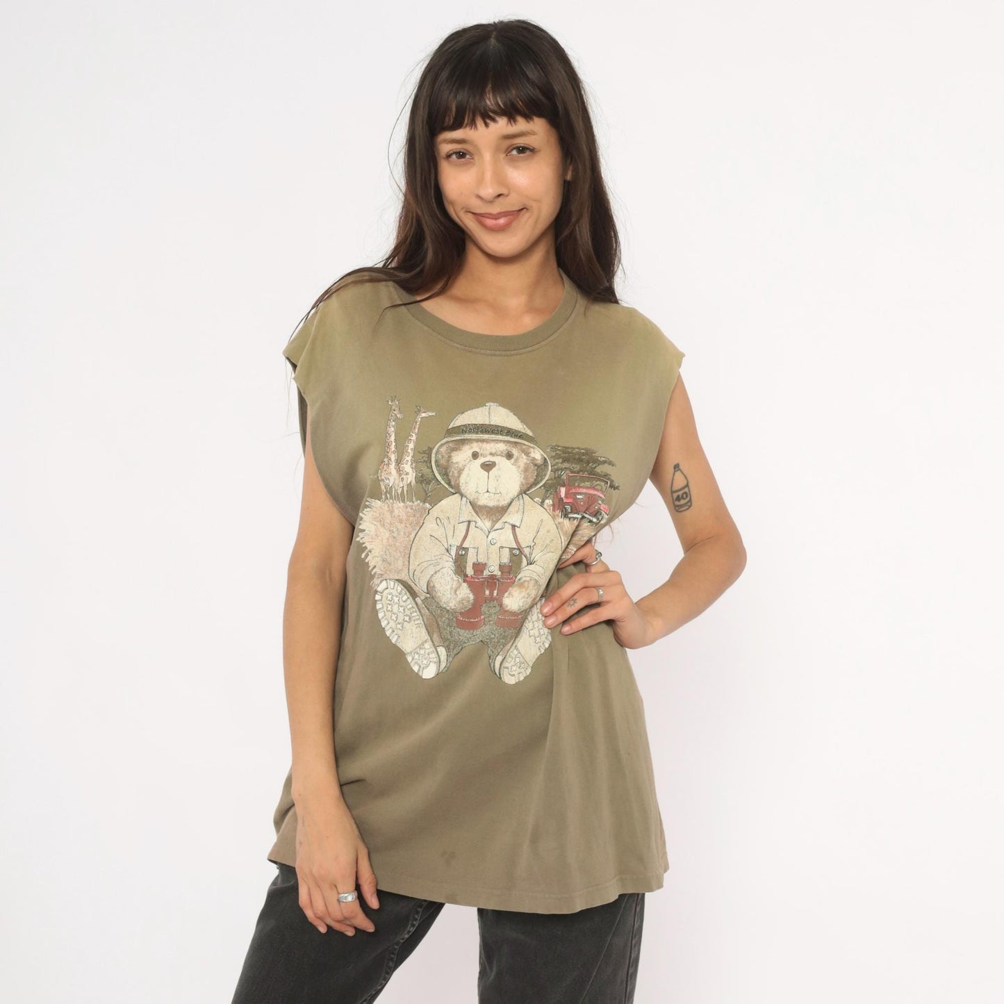 90s Northwest Blue Safari Bear Graphic Tank Top Olive Green Extra Large