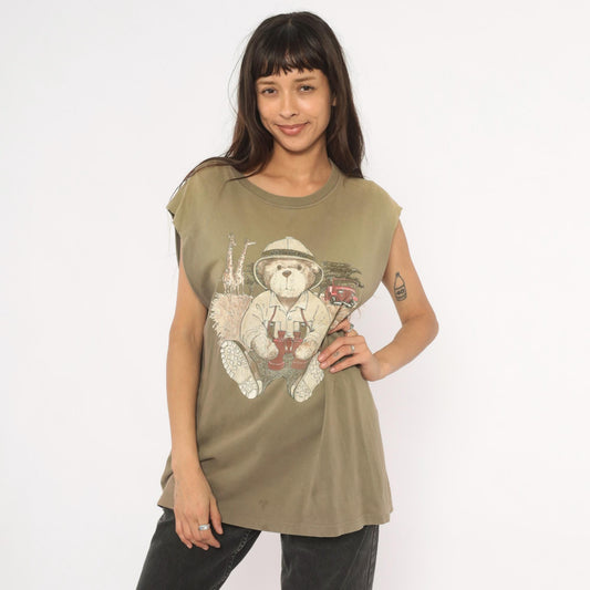 90s Northwest Blue Safari Bear Graphic Tank Top Olive Green Extra Large