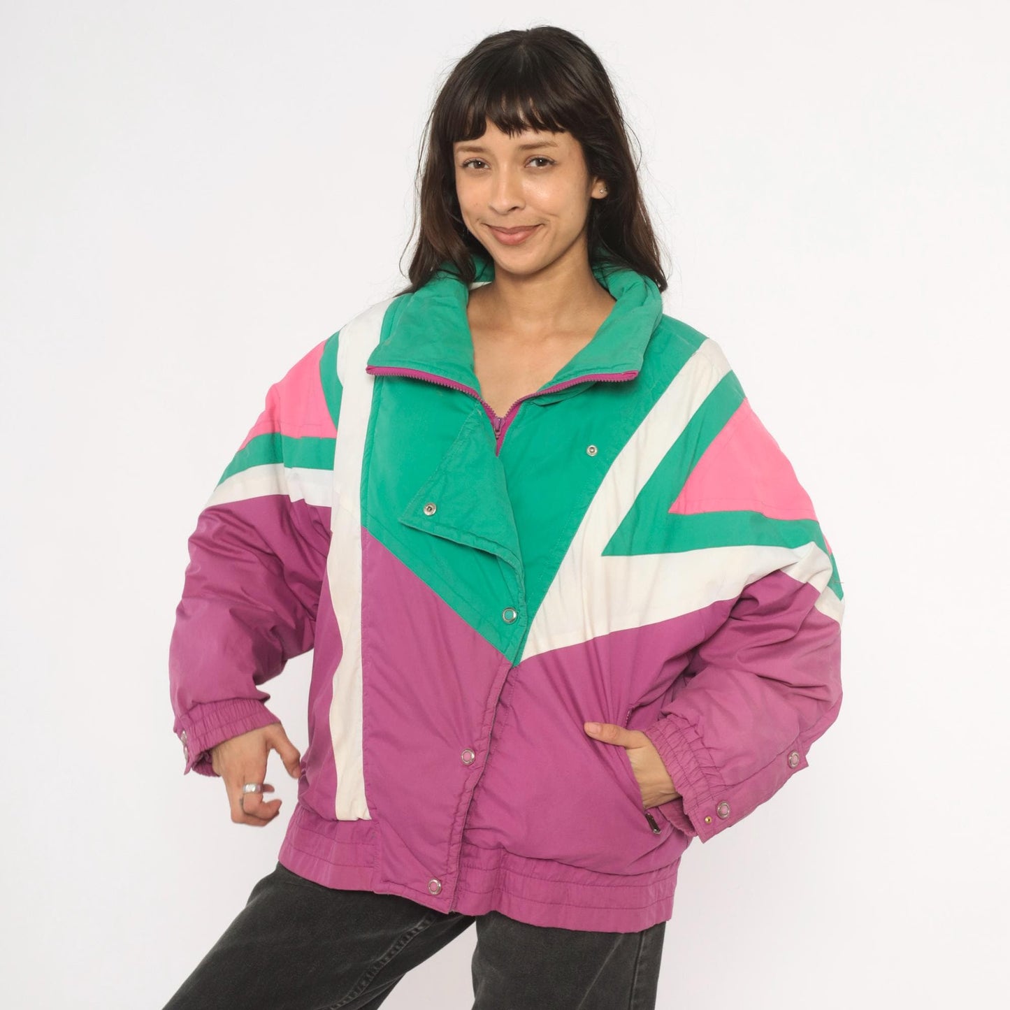 90s Kaos Ski Jacket Colorblock Teal Pink Purple Geometric Puffer Large L