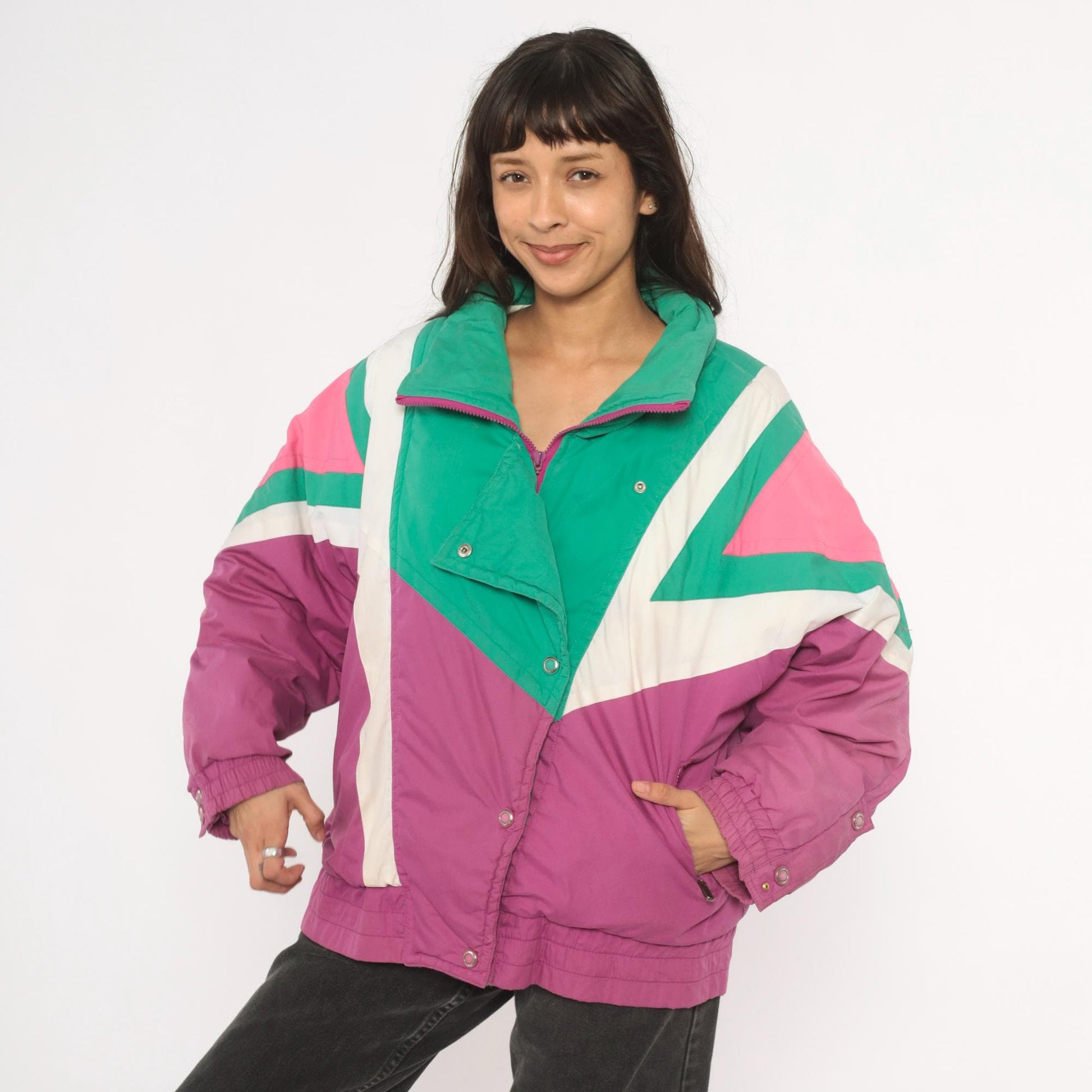 90s Kaos Ski Jacket Colorblock Teal Pink Purple Geometric Puffer Large L