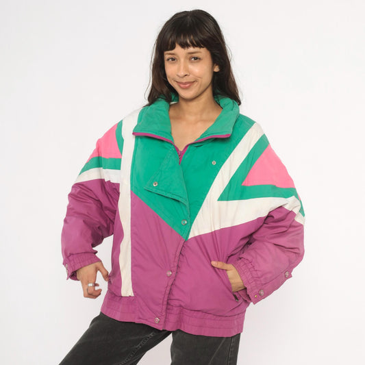 90s Kaos Ski Jacket Colorblock Teal Pink Purple Geometric Puffer Large L