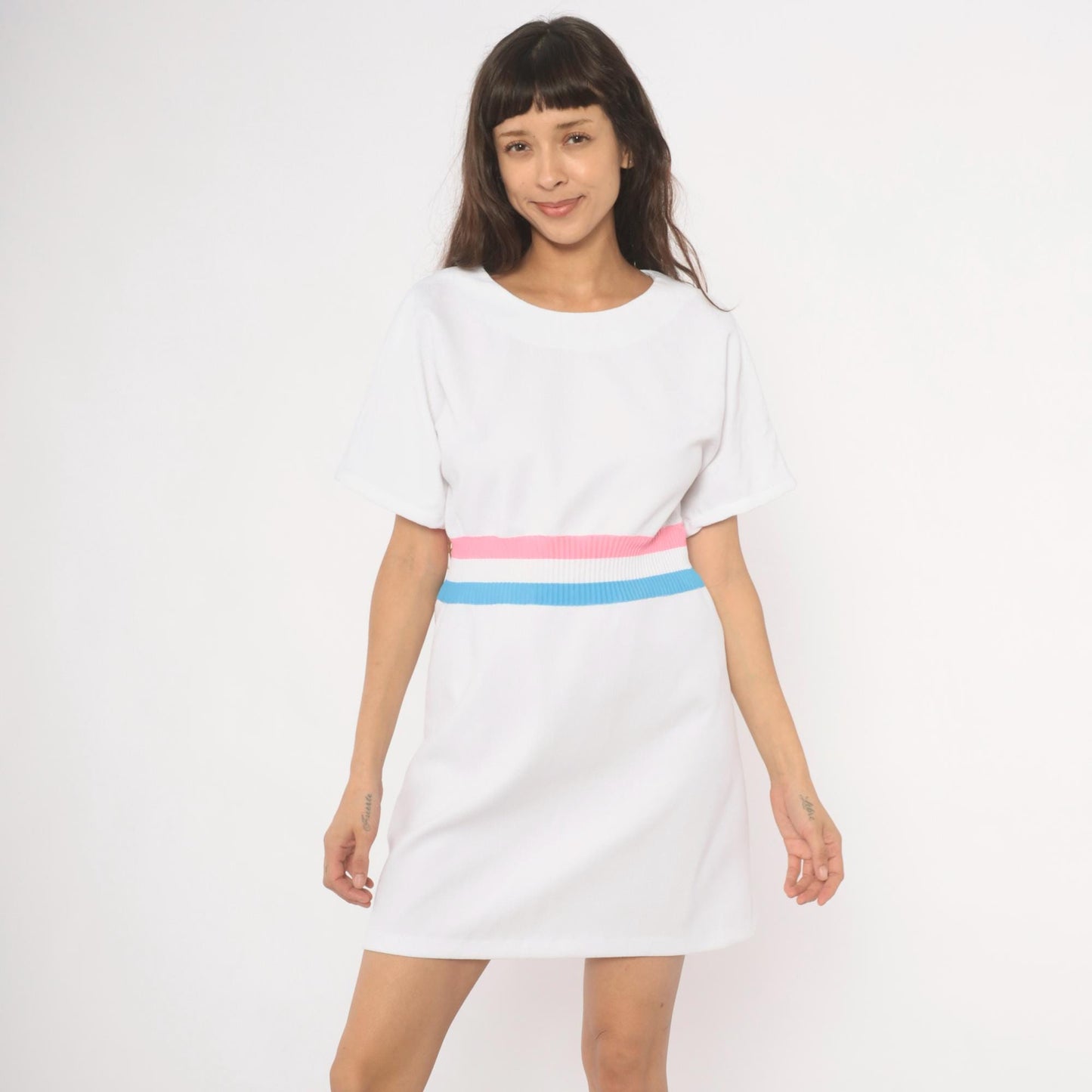 70s White Striped Ribbed Knit Pullover Dress Pink Blue A-Line Knee Length Large L