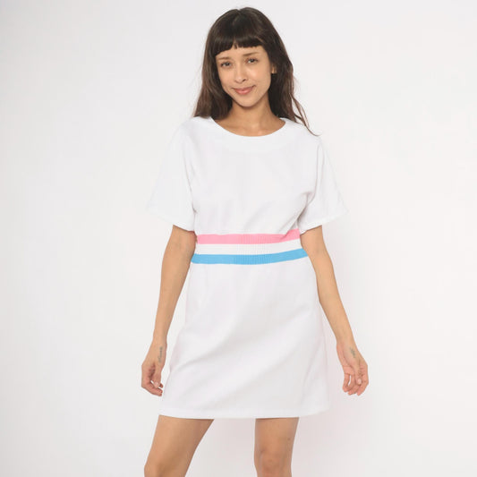 70s White Striped Ribbed Knit Pullover Dress Pink Blue A-Line Knee Length Large L