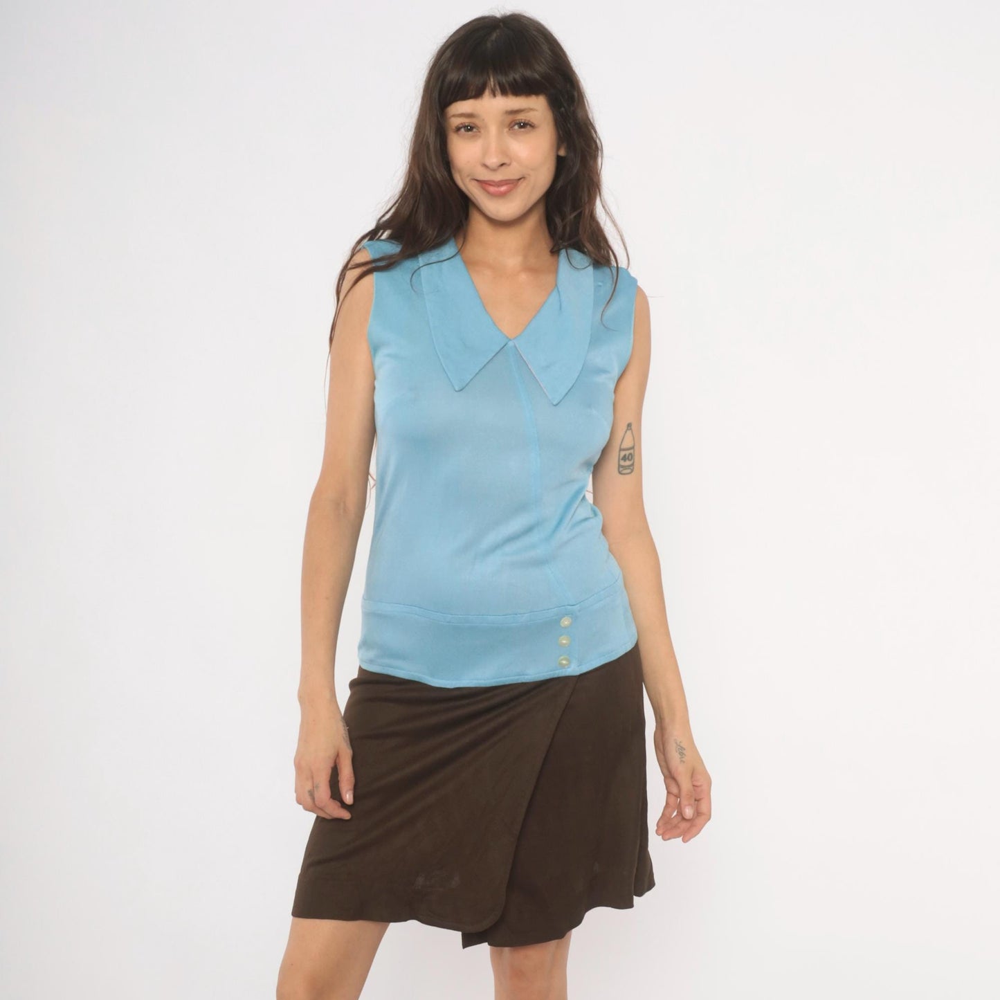 60s Mod Colorblock Shift Dress Sky Blue Brown Pointed Collar Small S