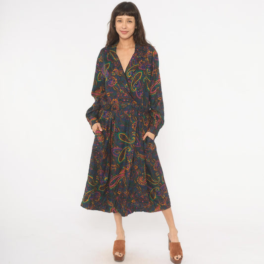 90s Tanner Paisley Midi Dress Navy Teal Pink Gold Long Sleeve Large L