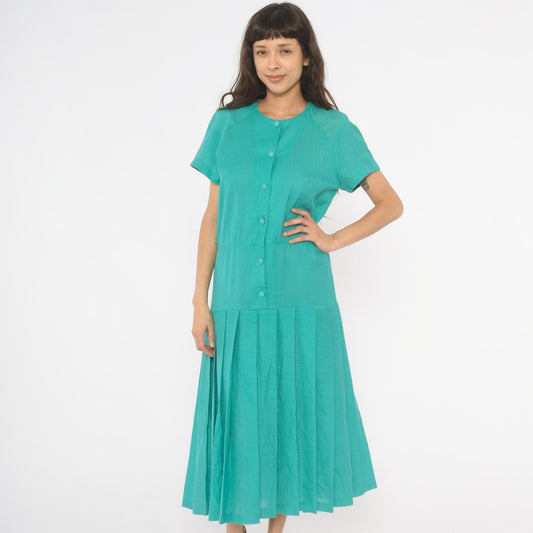 80s Sabino Teal Midi Dress Button Front Drop Waist Pleated Raglan Large L