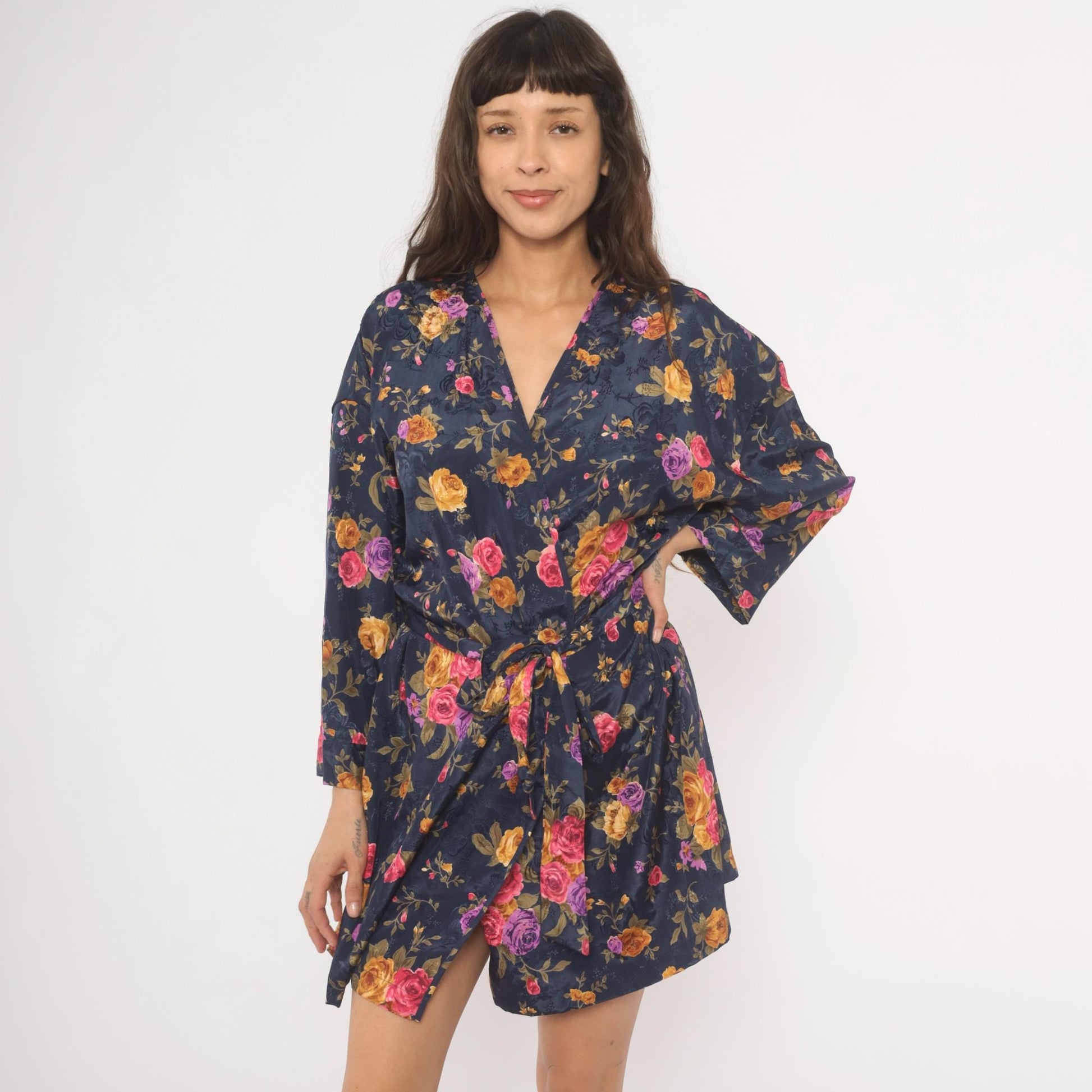 90s M.T. Morgan Taylor Navy Floral Kimono Robe Mini Wrap Tie Front Medium Large
