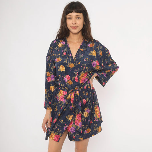 90s M.T. Morgan Taylor Navy Floral Kimono Robe Mini Wrap Tie Front Medium Large