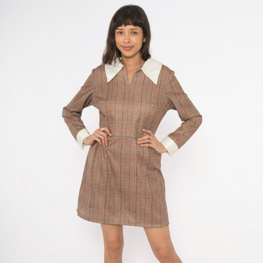 70s Glen Plaid Mini Dress Tan Rust Brown Pointed Collar Long Sleeve Medium M