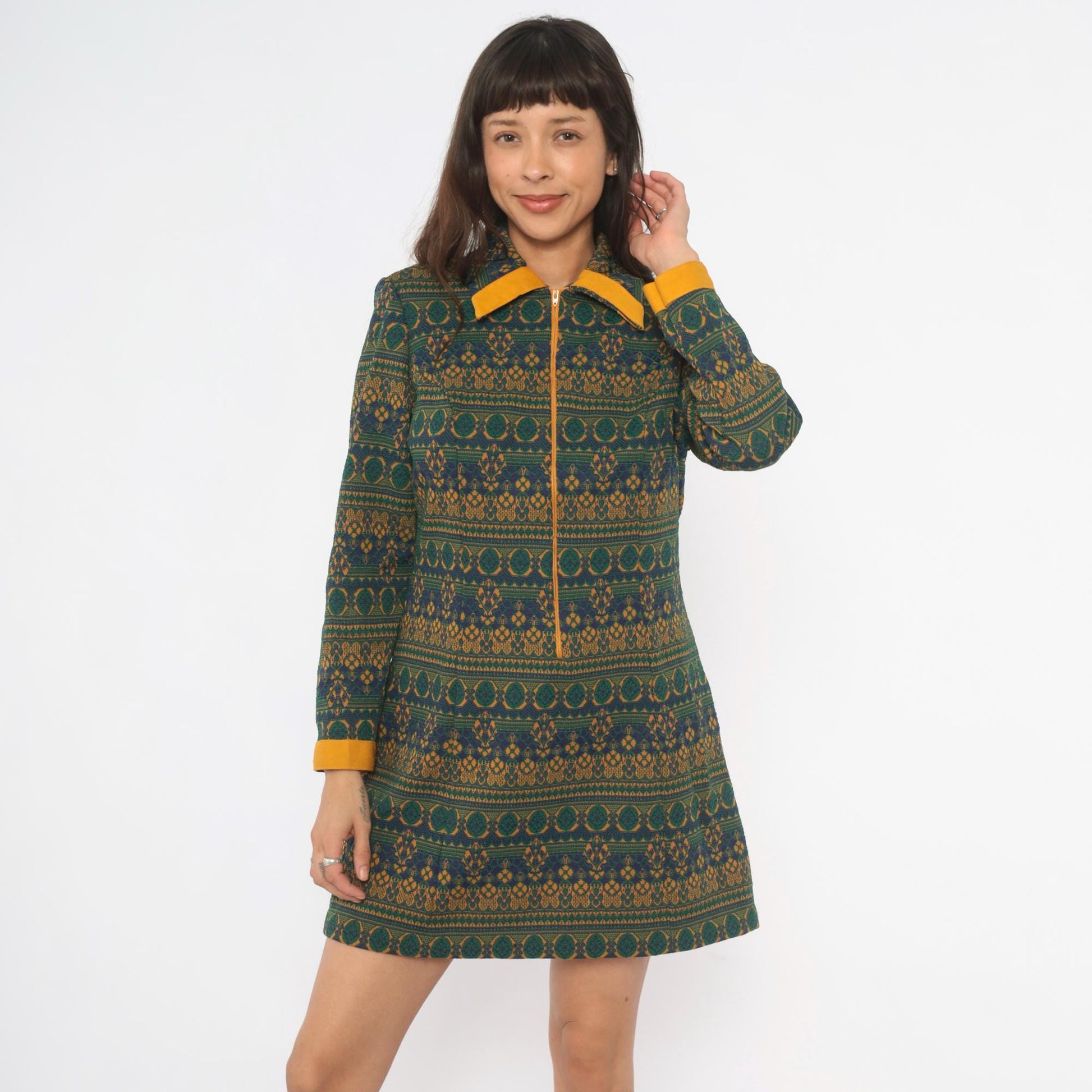 70s NPC Fashions Tapestry Mini Dress Forest Green Gold Jacquard Zip Collar Large L