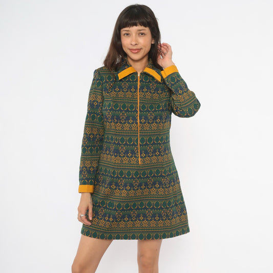 70s NPC Fashions Tapestry Mini Dress Forest Green Gold Jacquard Zip Collar Large L