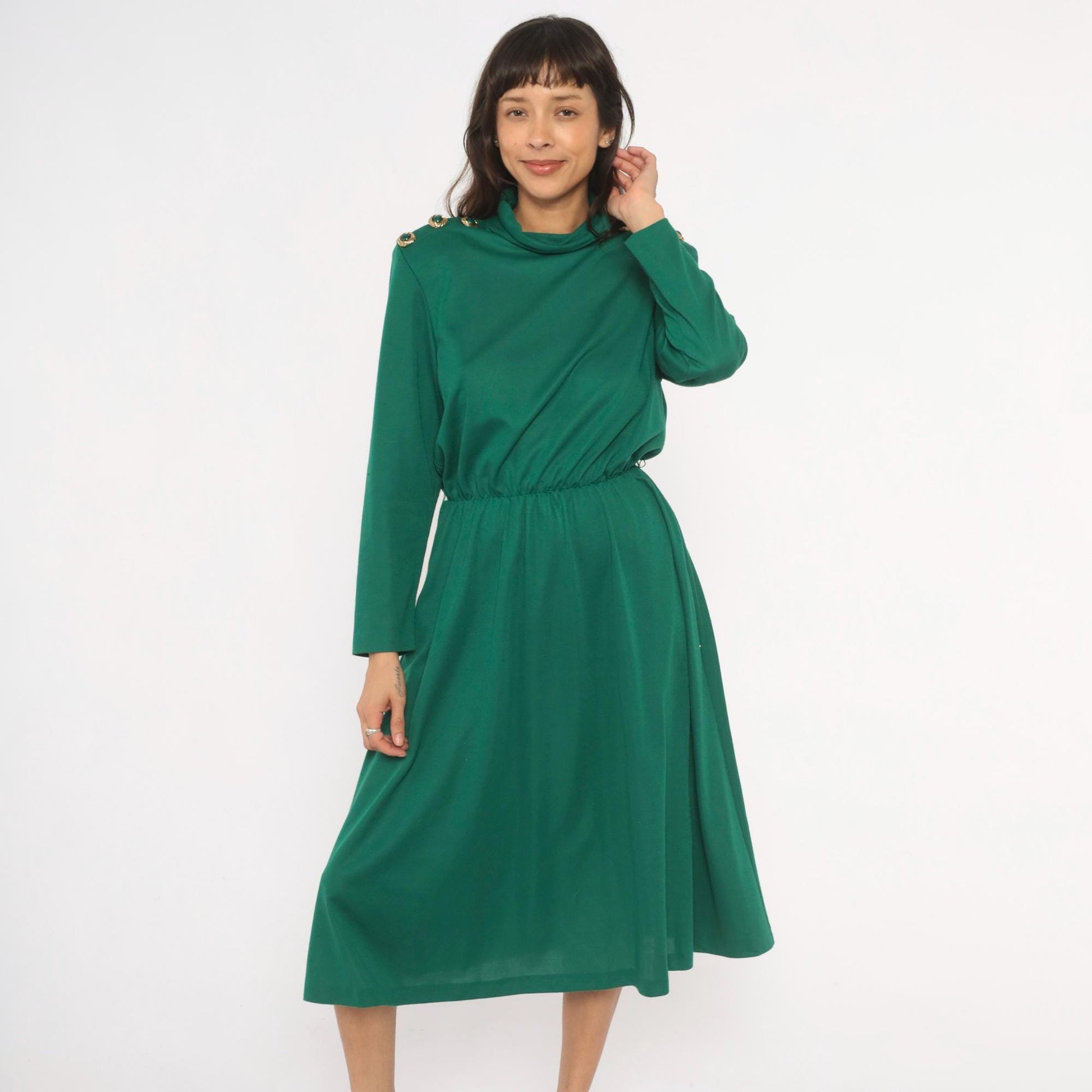 80s Impromptu Emerald Cowl Neck Midi Dress Gold Button Long Sleeve Large L