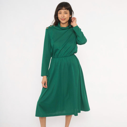 80s Impromptu Emerald Cowl Neck Midi Dress Gold Button Long Sleeve Large L