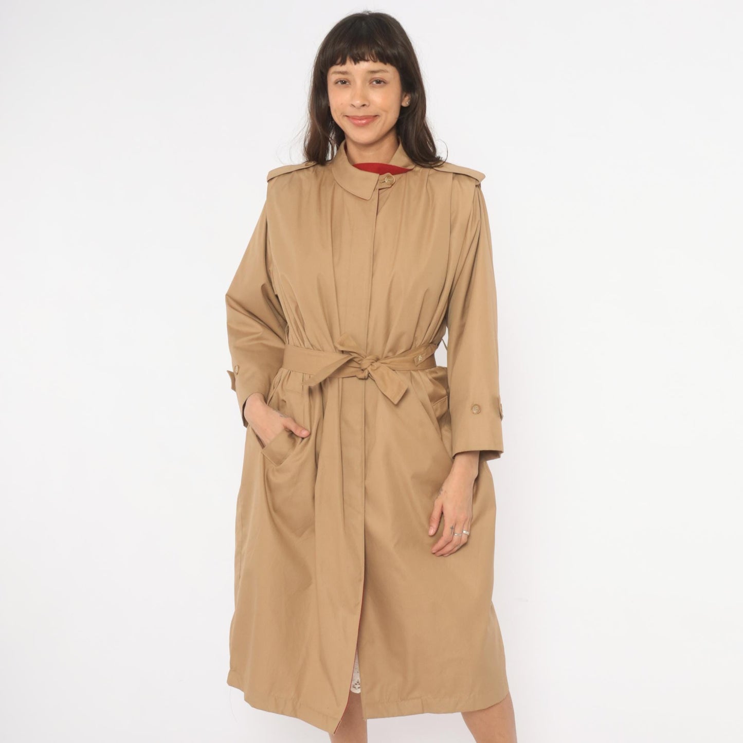 80s Tan Trench Coat Red Lined Button Front Epaulette Knee Length Large L