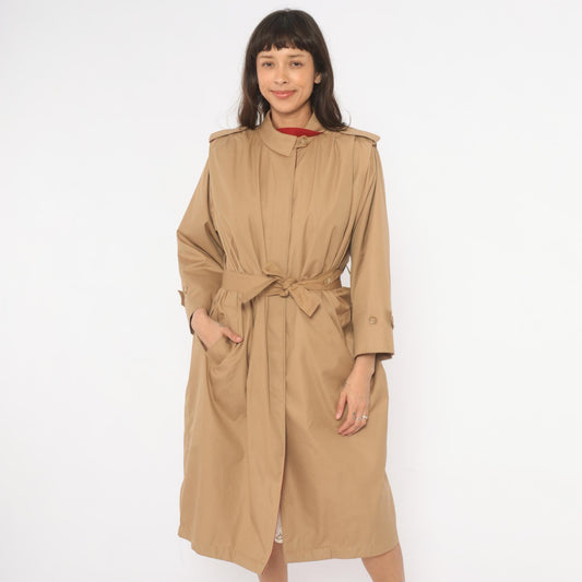 80s Tan Trench Coat Red Lined Button Front Epaulette Knee Length Large L