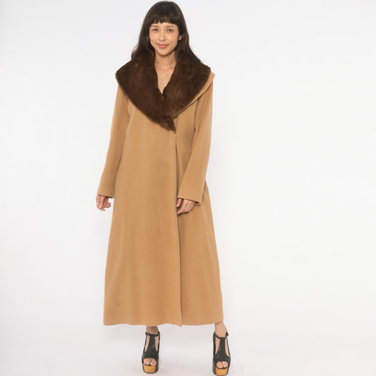 90s Spiegel Wool Cashmere Camel Coat Fur Collar Ankle Length Tan Medium M