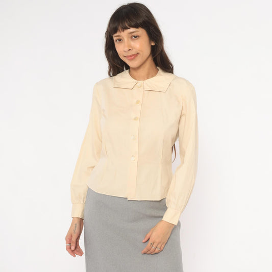70s Fashionalit Cream Button Front Blouse Pointed Collar Puff Sleeve Medium