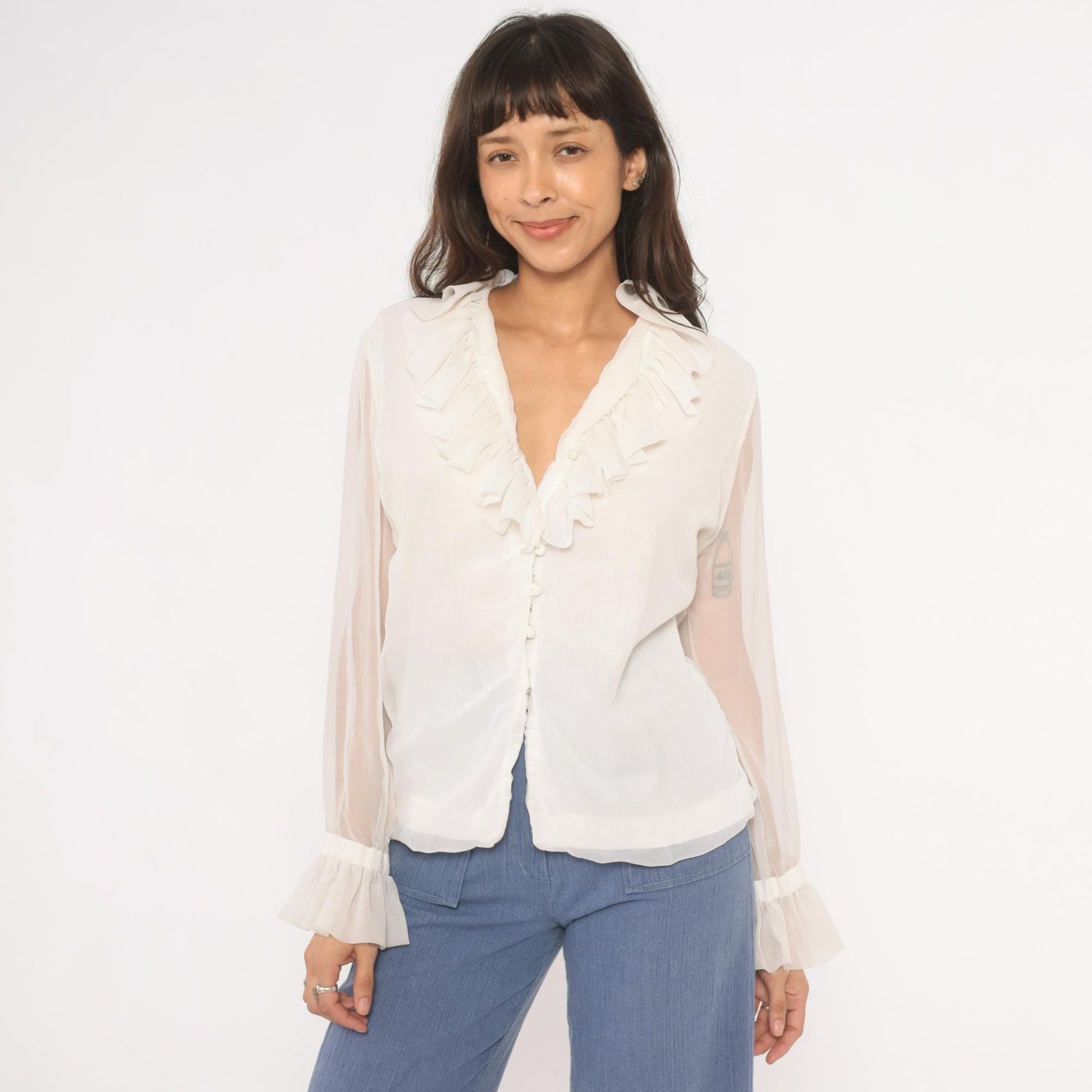 70s Gregory Ruffle Collar Blouse Ivory V-Neck Button Front Sheer Sleeve Medium