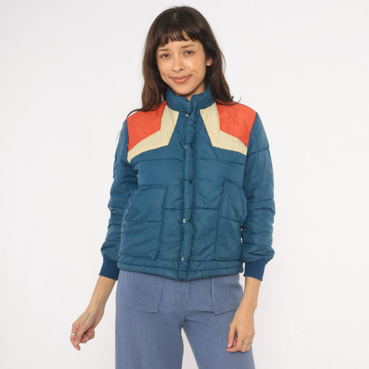 70s Navy Orange Cream Chevron Puffer Jacket Quilted Bomber Ski Coat XS