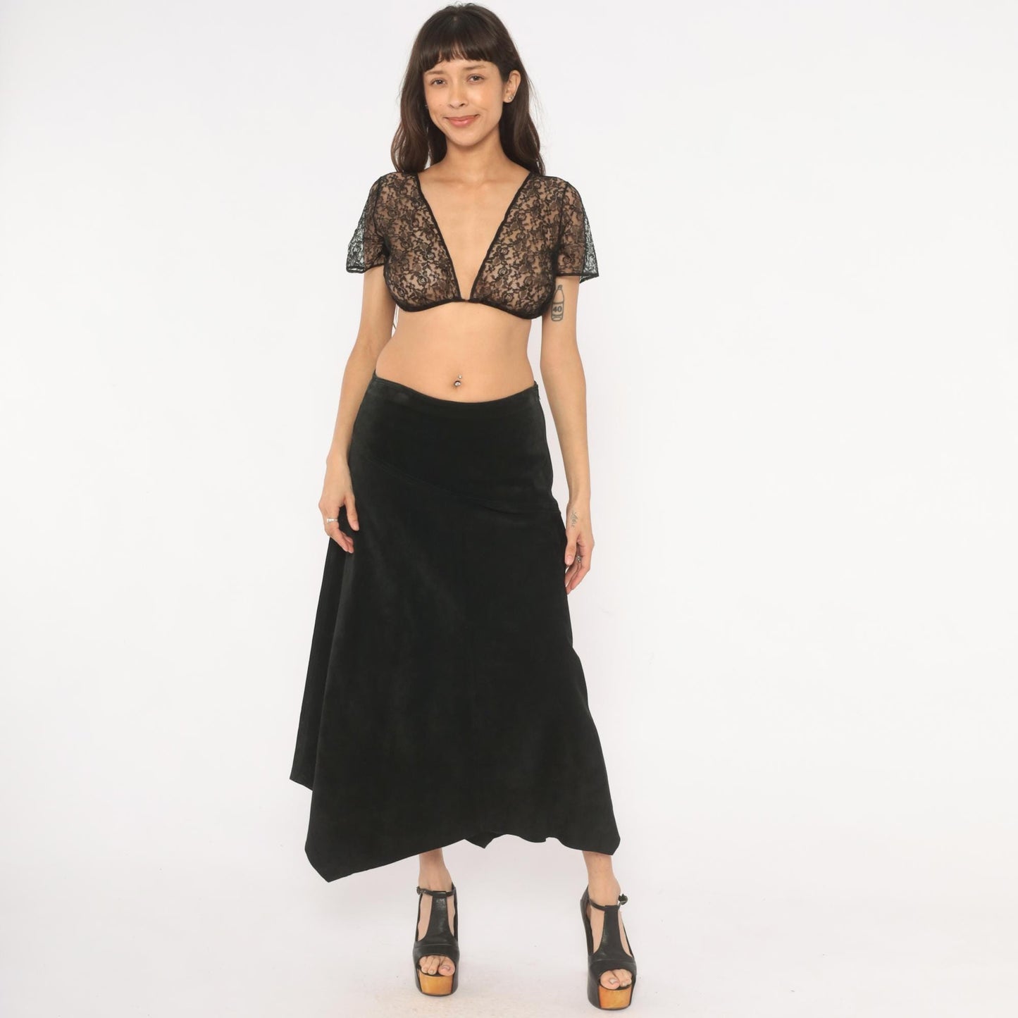 90s Provence Black Suede Midi Skirt Asymmetrical Handkerchief Hem High Waist Small
