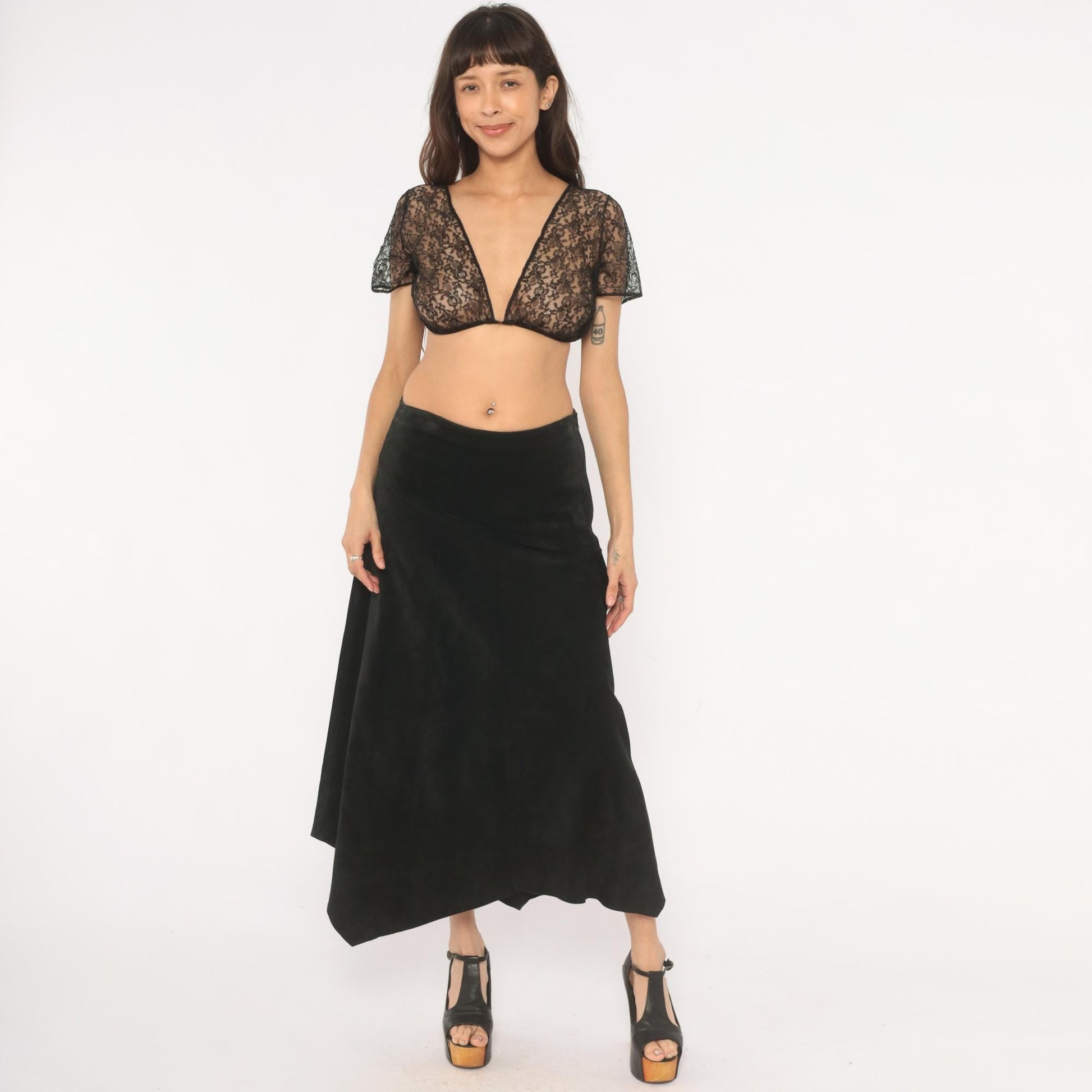 90s Provence Black Suede Midi Skirt Asymmetrical Handkerchief Hem High Waist Small