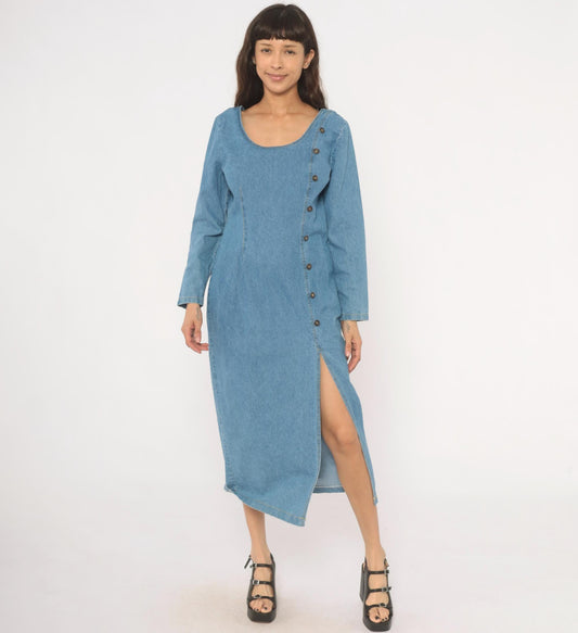 90s Switch USA Light Blue Denim Midi Dress Cotton Long Sleeve Medium M