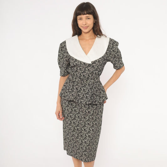 90s Miss Dorby Peplum Dress Black White Scroll Print V-Neck Puff Sleeve Large L