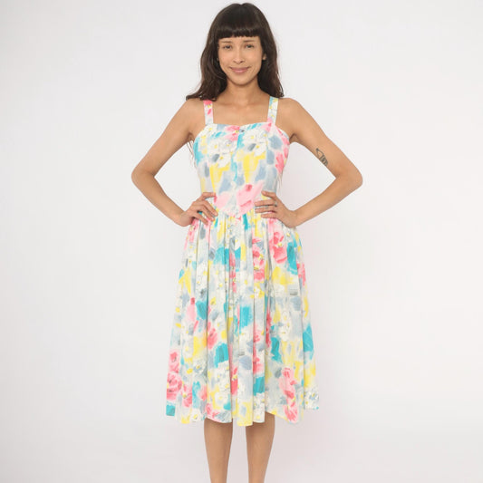 80s Pea Patch Watercolor Floral Sundress Sweetheart Basque Waist Small