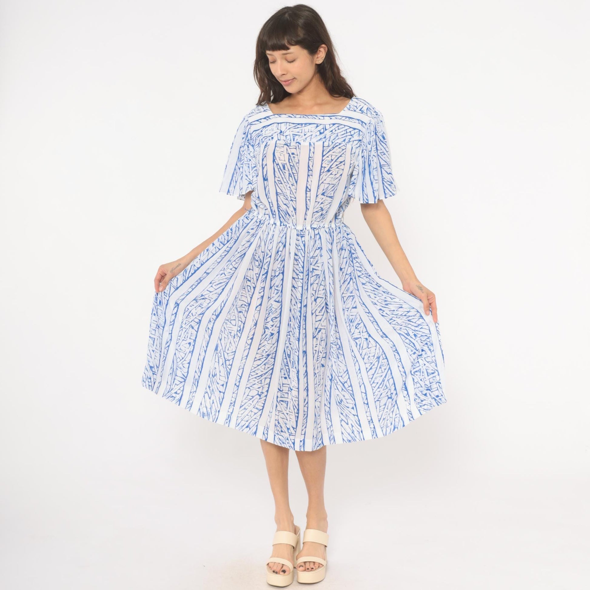 80s Top Act Abstract Stripe Dress Blue White Flutter Sleeve Knee Length Large L