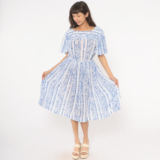 80s Top Act Abstract Stripe Dress Blue White Flutter Sleeve Knee Length Large L