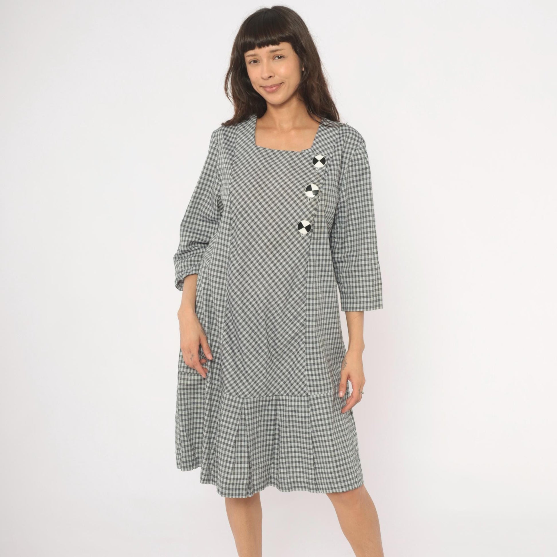 90s Be My Baby Black White Gingham Check Dress Square Neck Medium M