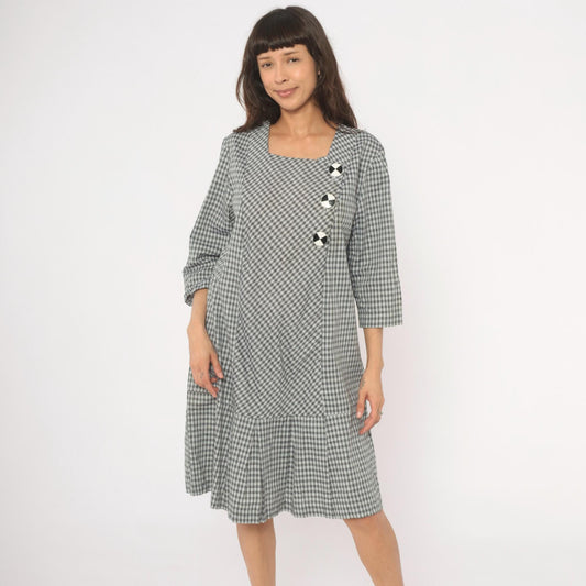 90s Be My Baby Black White Gingham Check Dress Square Neck Medium M