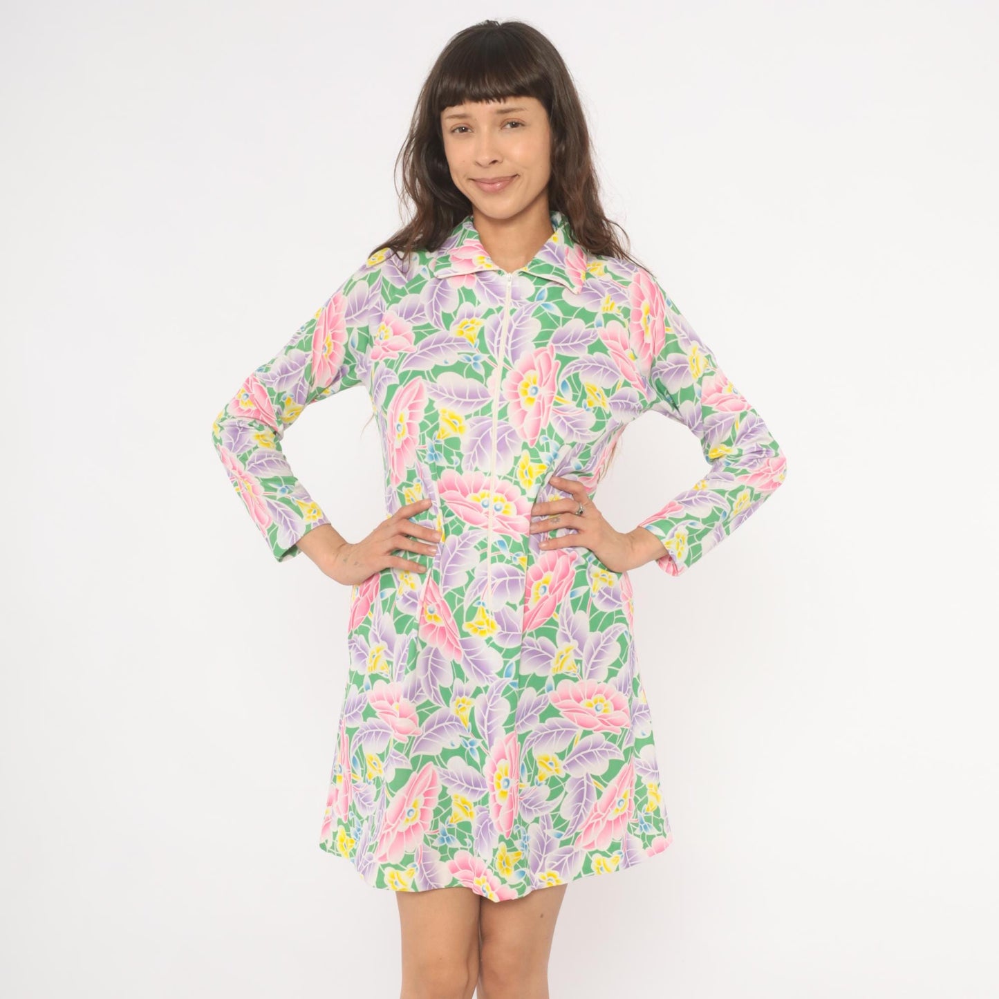 70s Travel Lite Floral Shift Dress Pink Lavender Green Knee-Length Small S