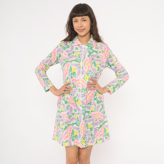 70s Travel Lite Floral Shift Dress Pink Lavender Green Knee-Length Small S