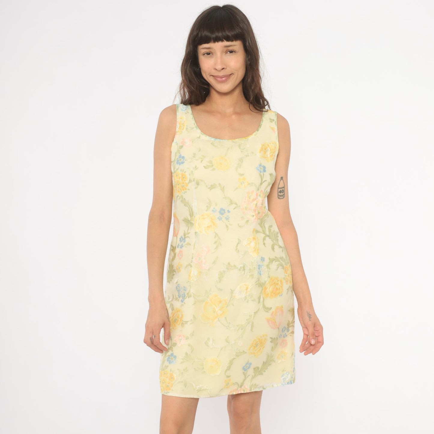 90s Ann Taylor Floral Shift Dress Yellow Scoop Neck Sleeveless Knee Small