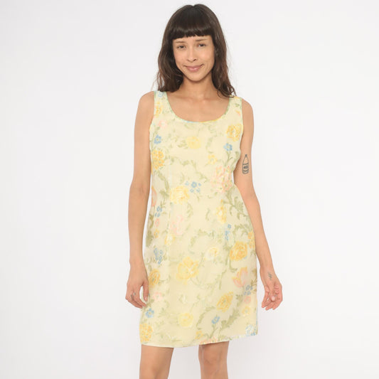 90s Ann Taylor Floral Shift Dress Yellow Scoop Neck Sleeveless Knee Small