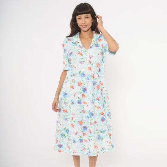 90s Light Blue Wildflower Cotton Midi Dress Pink Floral Gathered Waist Large L