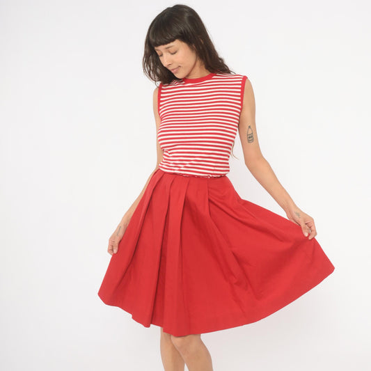70s Country Set Red White Striped Sleeveless Dress Pleated Skirt Extra Small XS